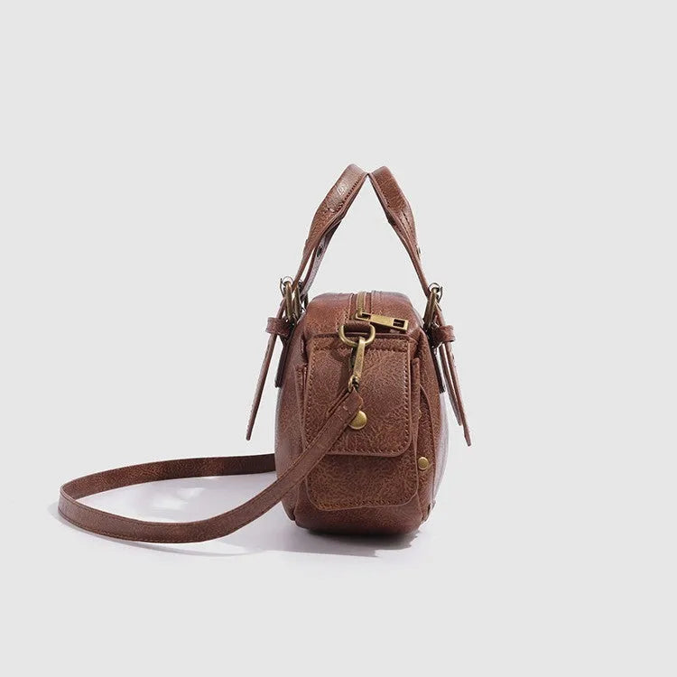 Brown artificial leather horizontal square crossbody motorcycle bag with retro styling