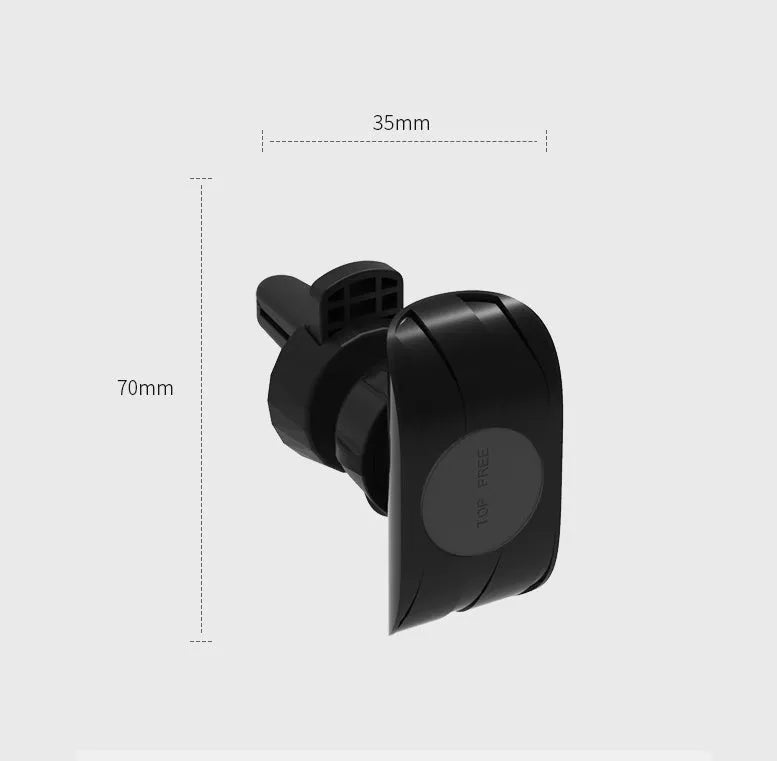 Black car phone holder mounted on vehicle air vent with phone in cradle