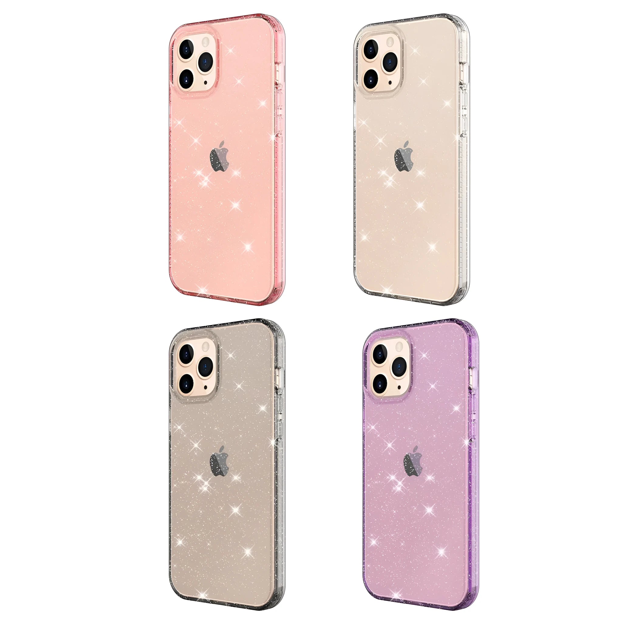 Glitter transparent TPU phone case for iPhone 12 Pro Max in pink, black, purple, and clear colours.