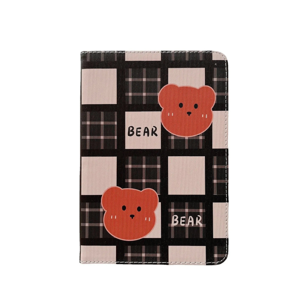 Cartoon silicone TPU flip case for iPad with plaid bear design, compatible with Air Mini Pro models