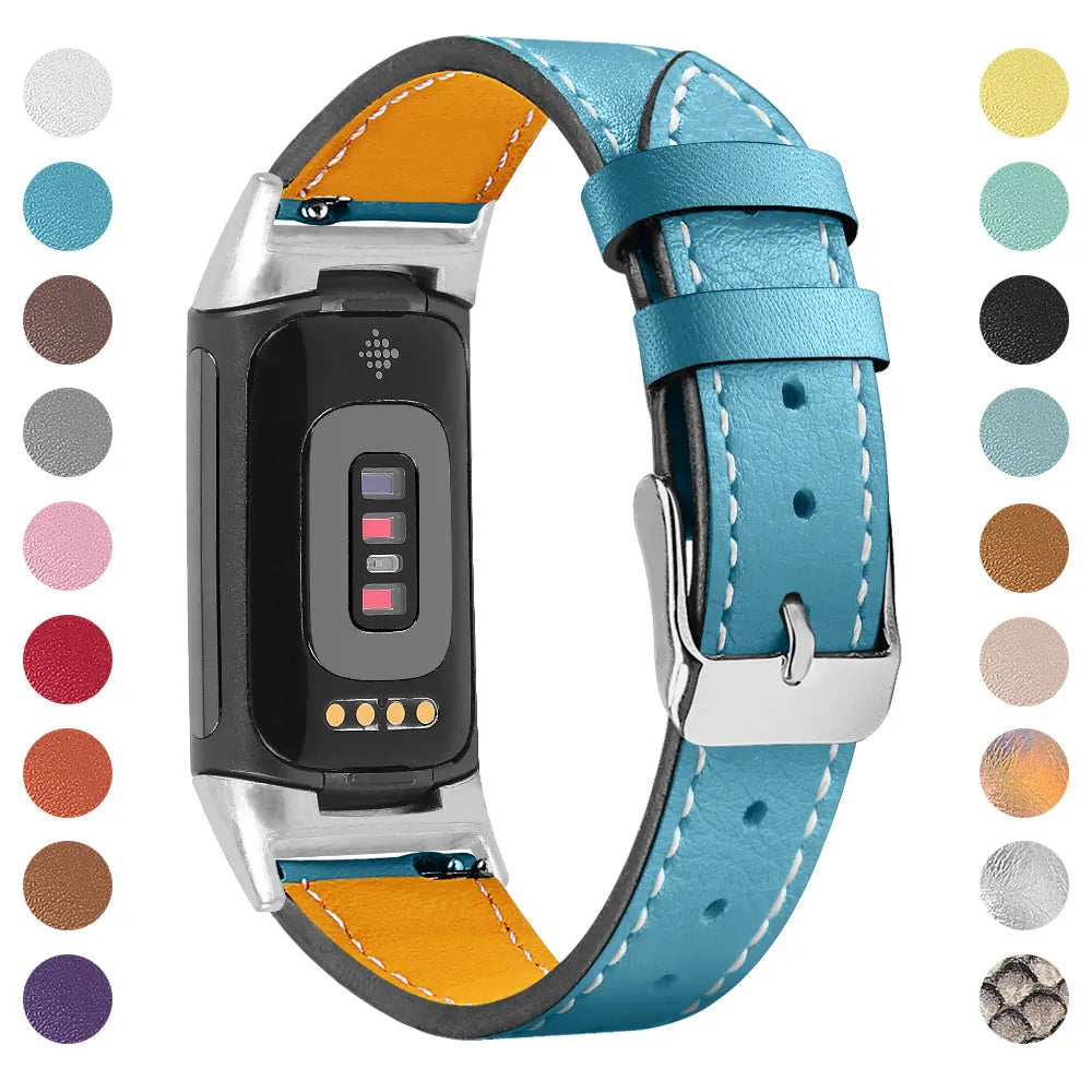 Genuine cowhide leather replacement strap for Fitbit Charge 5 and Charge 6 smartwatches in various colours.