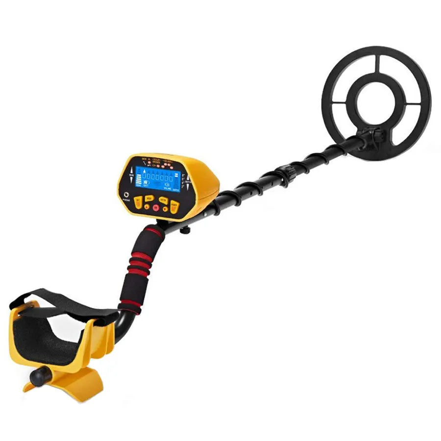 Black and yellow GC1028 professional metal detector with LCD display and adjustable pole.