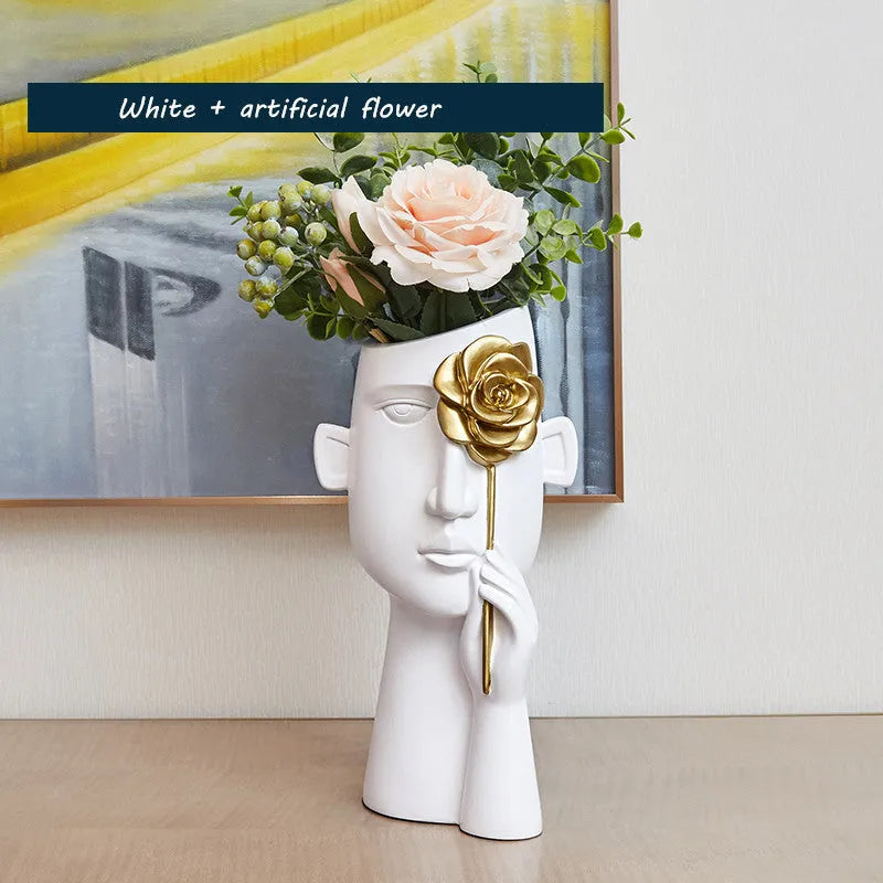 Resin twin ornament vase decoration in white with flower, modern simple style, 27cm tall