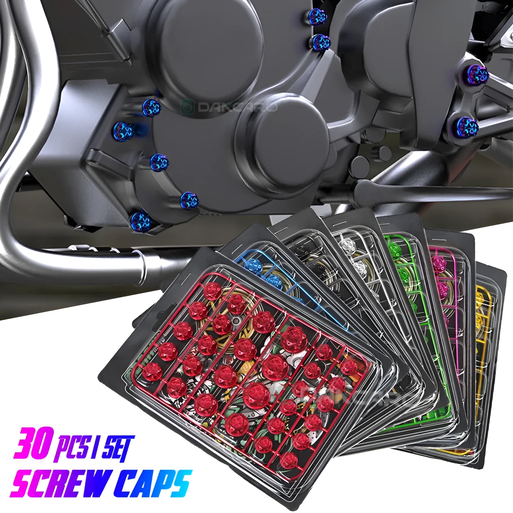 Set of 30 coloured ABS plastic screw caps for motorcycle engine bolt covering
