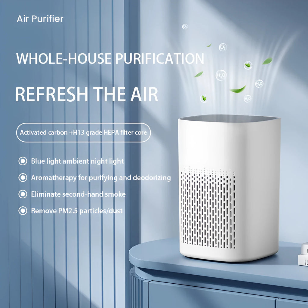 Desktop air purifier in simple white finish, USB powered, for rooms under 10 square metres