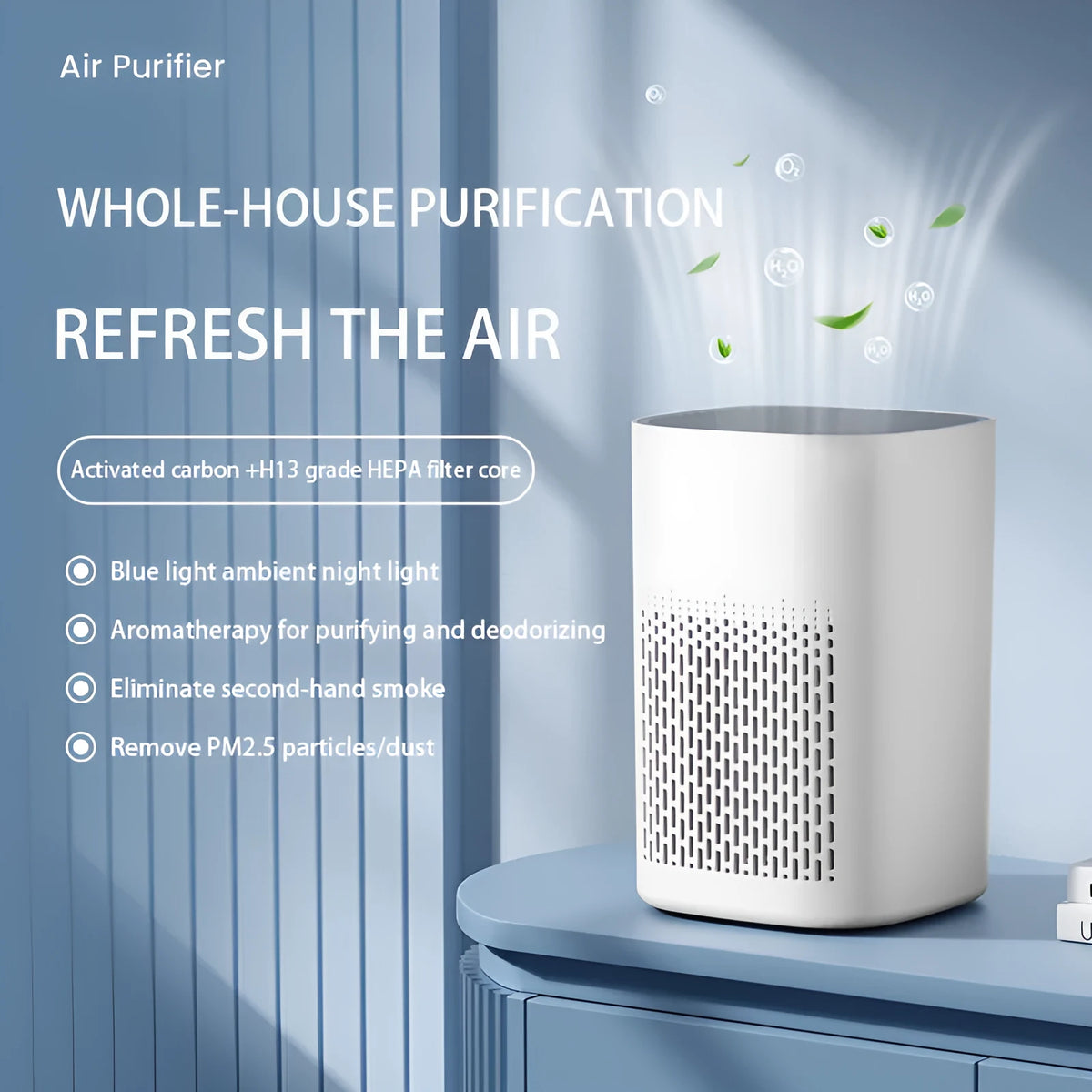 Desktop air purifier in simple white finish, USB powered, for rooms under 10 square metres