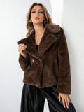 Women's loose-fit short coat in rose red faux fur with regular sleeves and fresh sweet style.