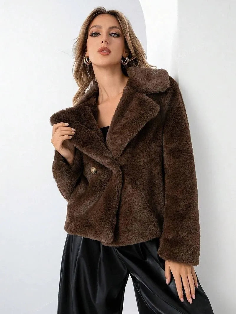 Women's loose-fit short coat in rose red faux fur with regular sleeves and fresh sweet style.