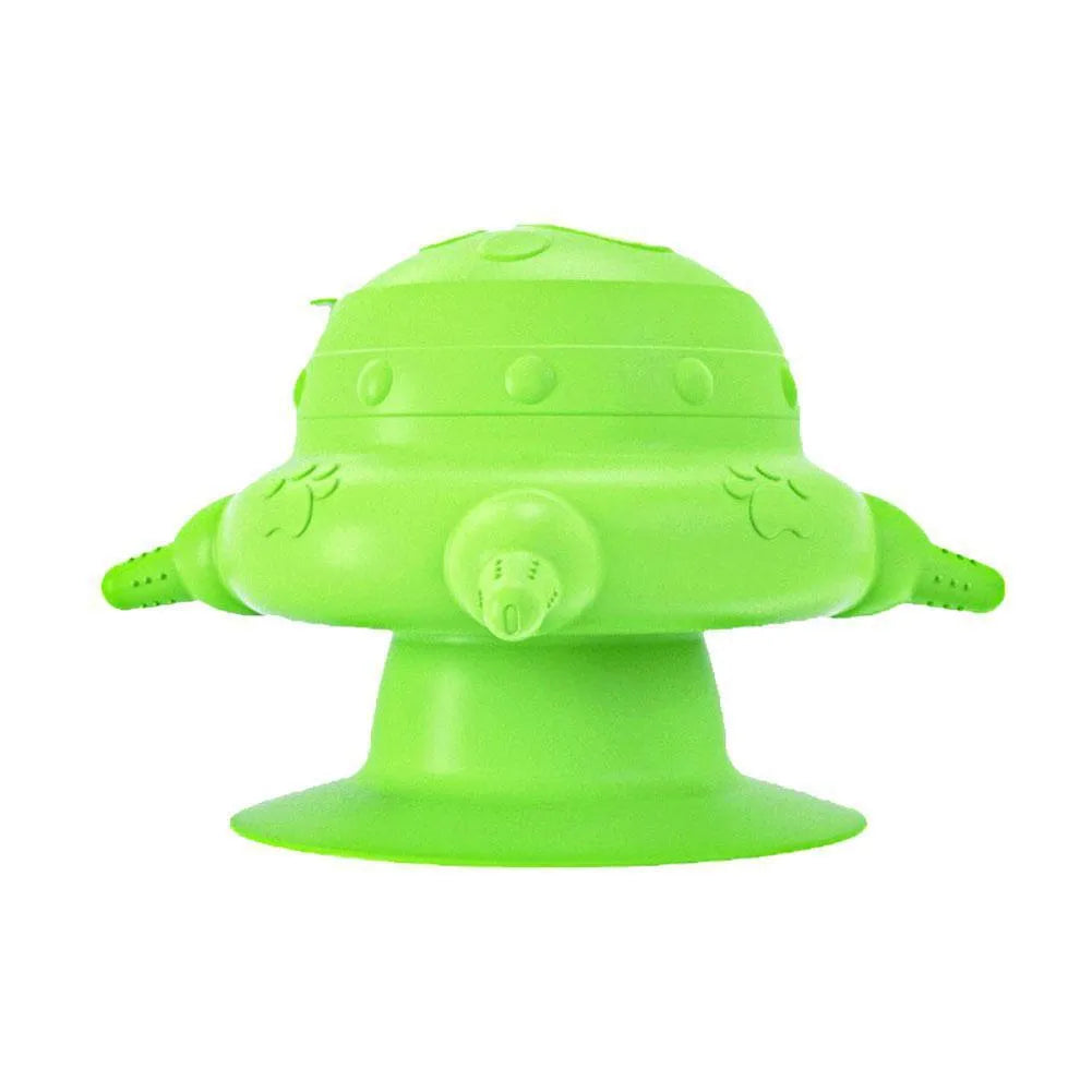 Pink silicone pet nursing bottle with bionic breast shape and four attached nipples on a flat base.