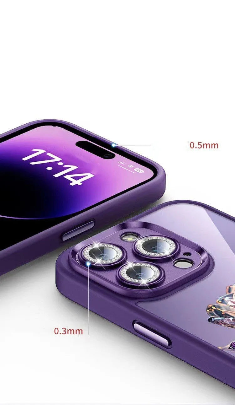 Dark purple TPU iPhone case with fairy rose pattern and integrated sparkling pink camera lens protector film