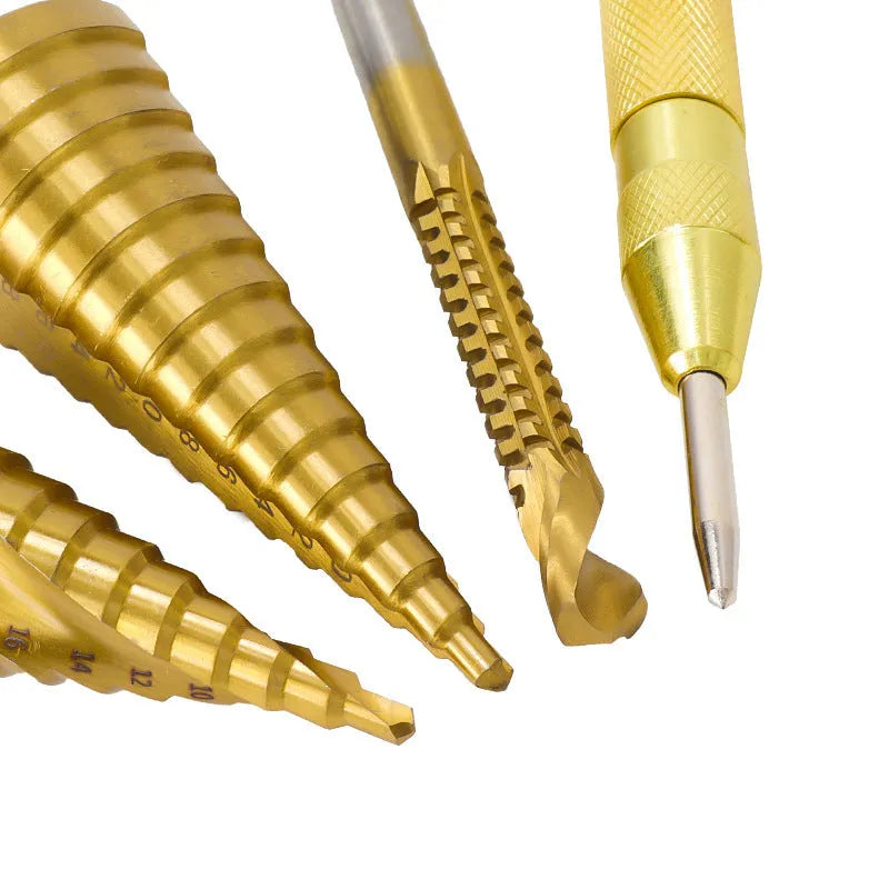 High speed steel cone drill bit and centre punch set with multiple step drill sizes for metalworking