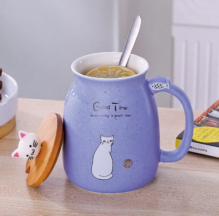 450ml cartoon ceramics cat mug with lid and spoon in pink