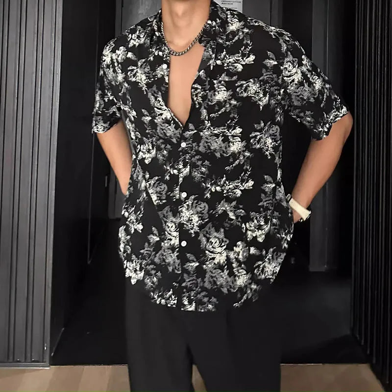 Men's loose fit short sleeve shirt with floral print in black or white colour options