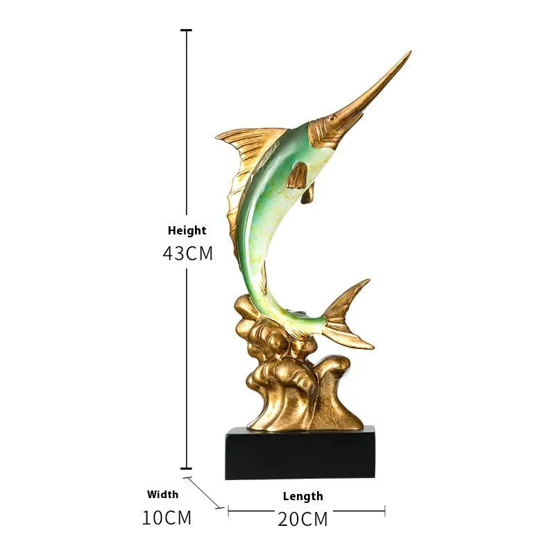 European swordfish resin and plastic decorative ornament in choice of colours on a shelf.
