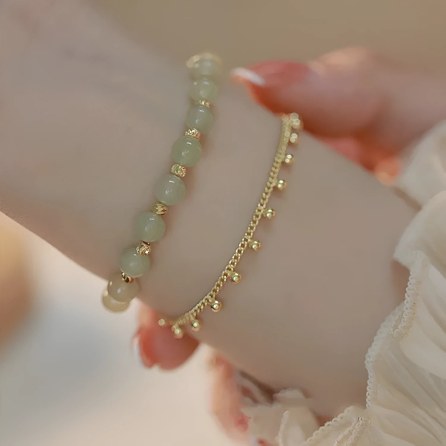 Hetian Jade bracelet with princess running beaded style on neutral background