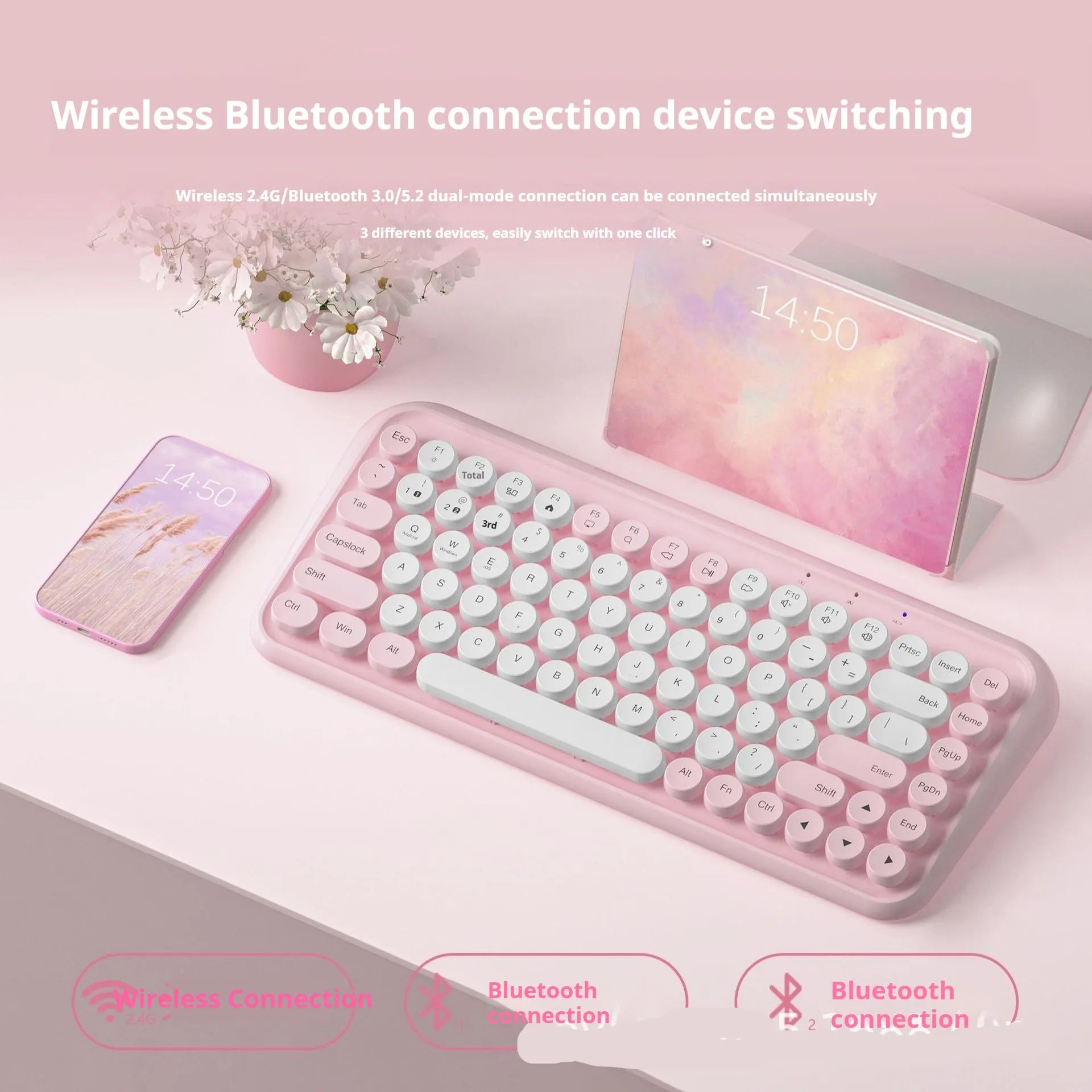 Pink wireless Bluetooth keyboard with 84 keys and compact rectangular design