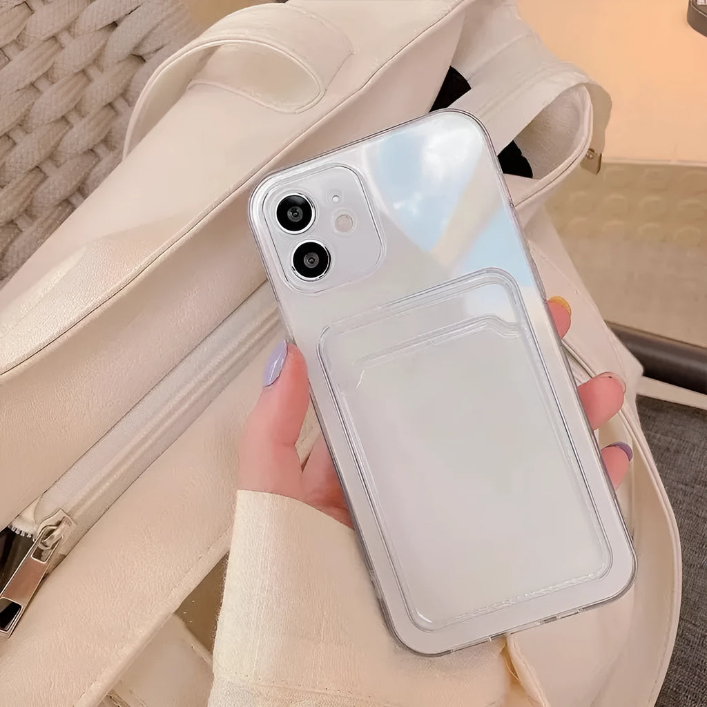 Clear transparent PVC phone case for iPhone with a visible card slot on the back.