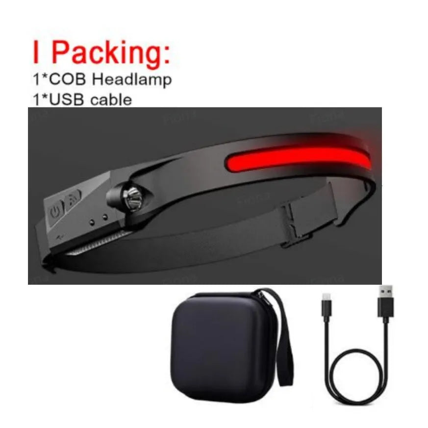 Black silicone USB rechargeable LED headlamp with side wave sensor, showing wide beam and long-range lighting.