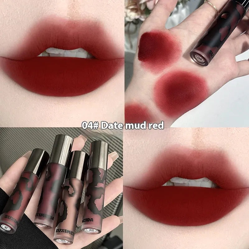 Lava Secret Matte Lip Mud Lipstick in five colour shades: orange brown coffee, cool grey, cinnamon coffee, jujube red, smoked purple.