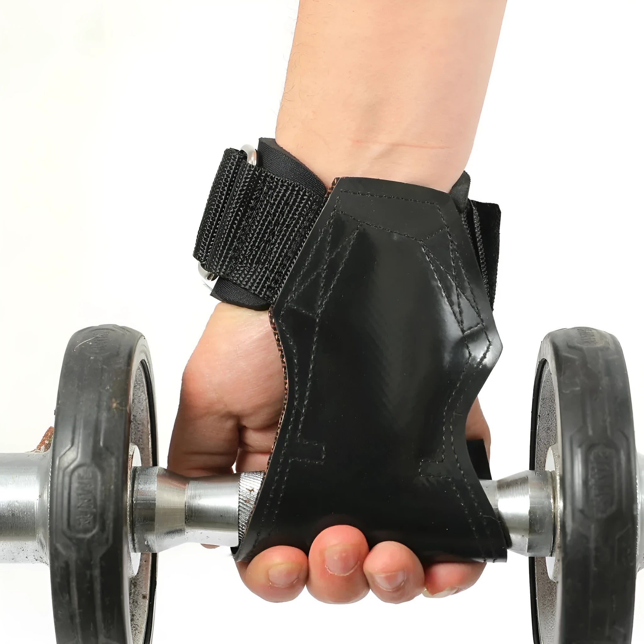 Black rubber weightlifting assist belt for palm protection during barbell training