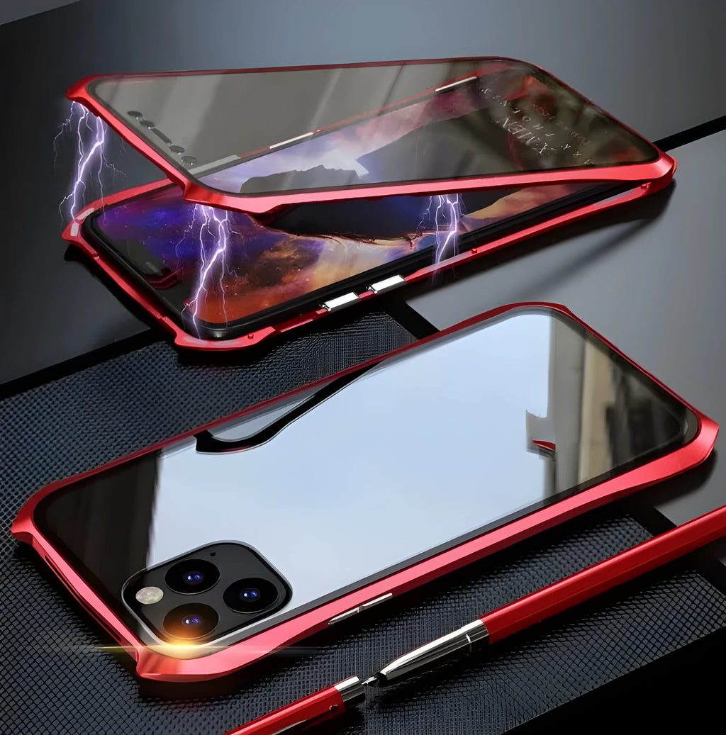 Black metal and glass magnetic protective case for iPhone 11, shown alongside red, blue, and silver colour options.