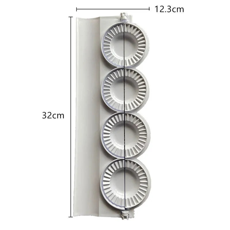 Pure white ABS plastic dumpling mould on a countertop, showing the mould shape for pressing dumplings