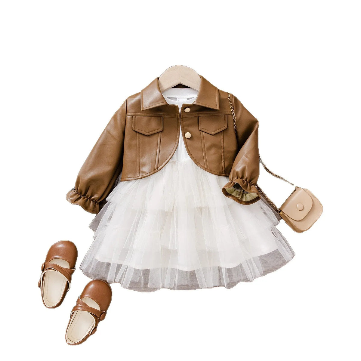 Korean-style children's two-piece set in brown cotton: long-sleeve coat and dress for baby girls, suitable height 12-18 months