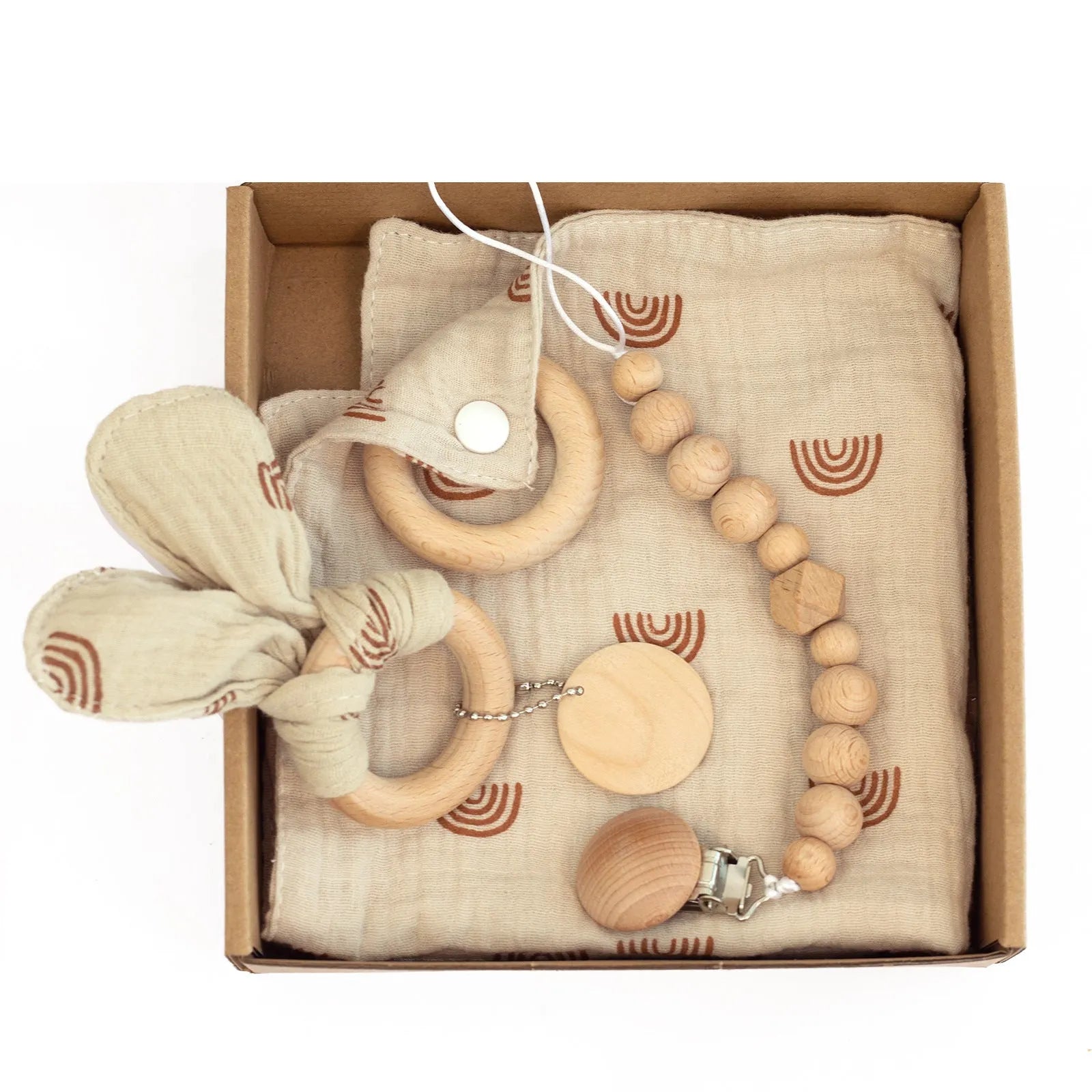 Baby teething toy gift set with bamboo cotton blanket and natural beech wood components