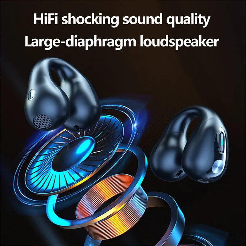 Bone conduction headphones ear clip TWS earbuds Bluetooth 5.3 touch control black colour