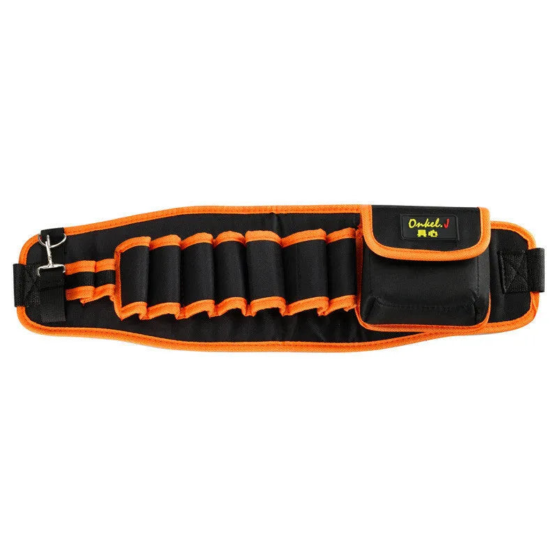 Orange canvas tool belt bag with oxford cloth outer, 564mm length, and 10kg load capacity on a construction site