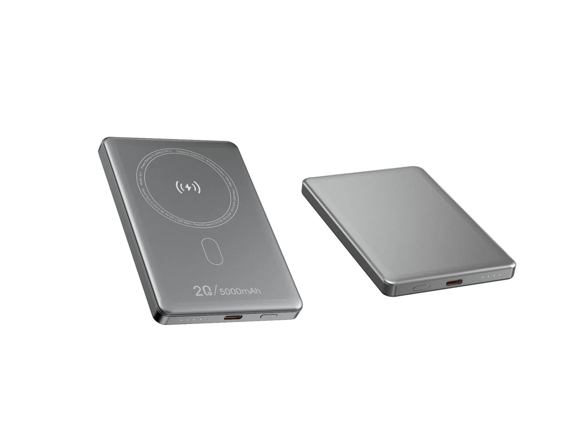 Magnetic wireless power bank with alloy shell in black, compact portable charger on a plain background