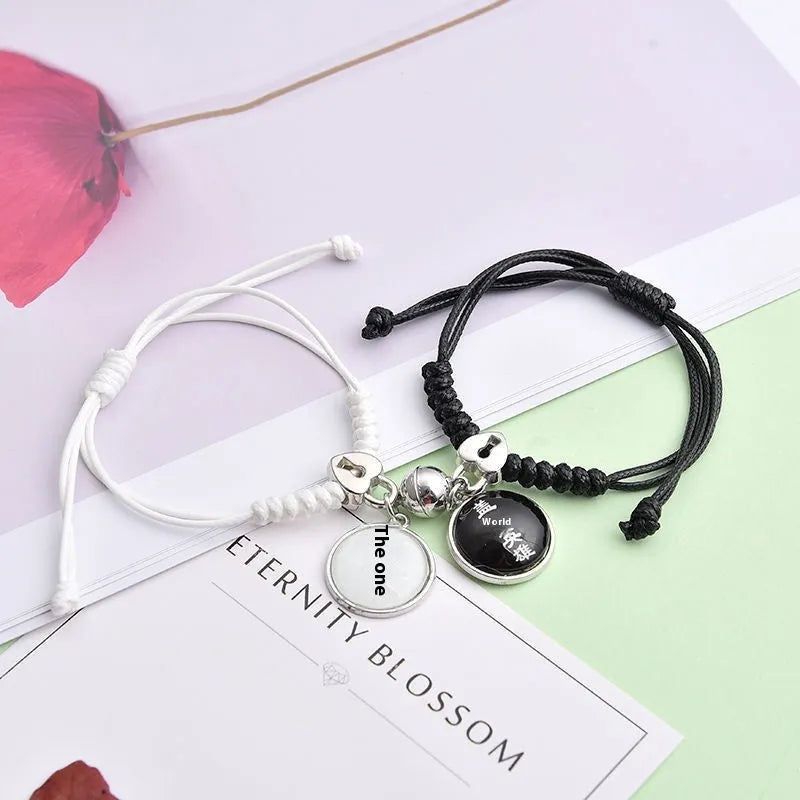 Magnet couple bracelets with electroplated finish showing magnetic clasp and symbolic design options