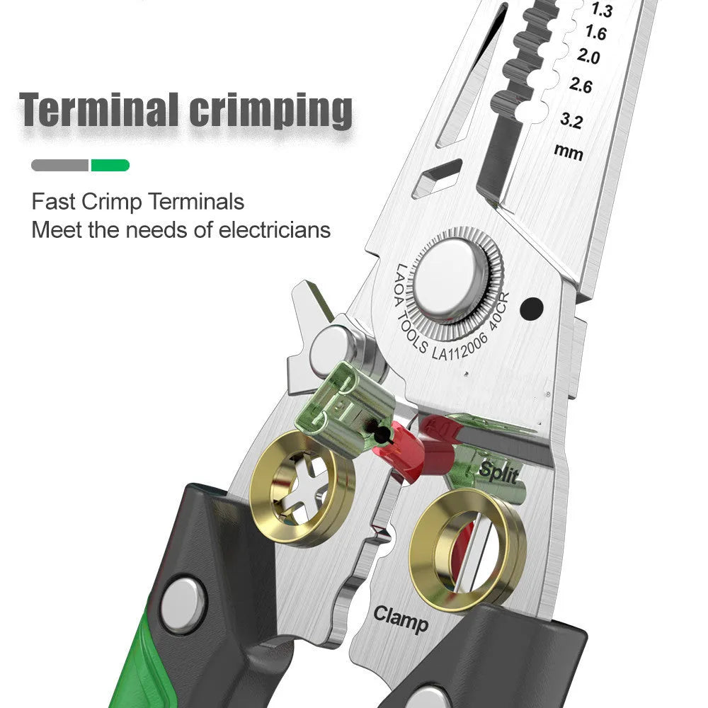 Stainless steel 7-in-1 wire stripper tool with two-colour ABS handle and precision apertures