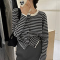Women's dark grey and white striped viscose cardigan sweater with long sleeves, shown as a slim-fit short-length top.
