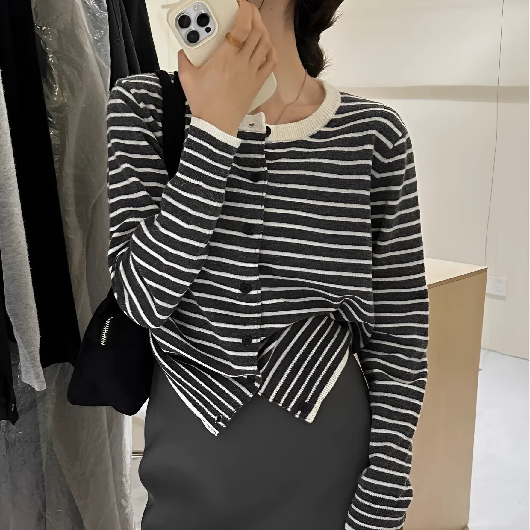 Women's dark grey and white striped viscose cardigan sweater with long sleeves, shown as a slim-fit short-length top.