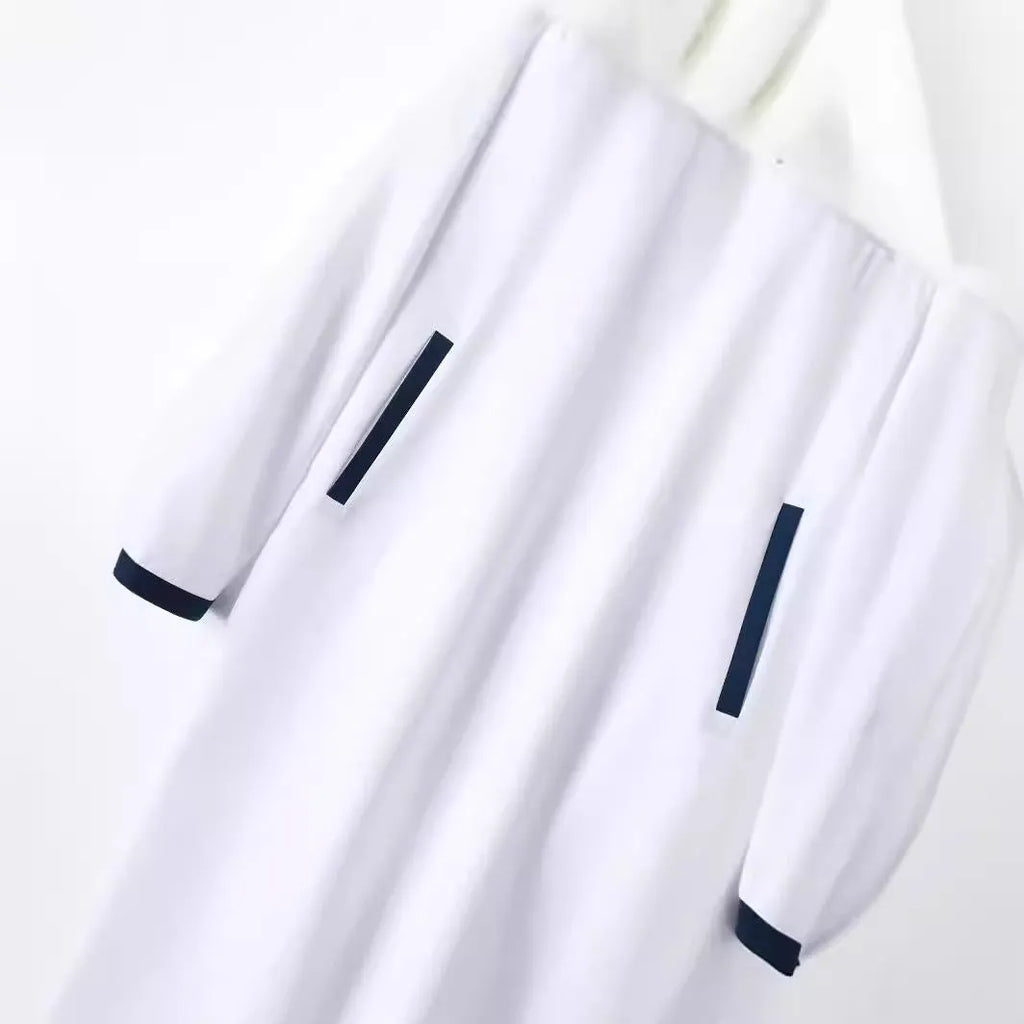 Boys fashion colour contrast striped button robe in black, white and khaki polyester