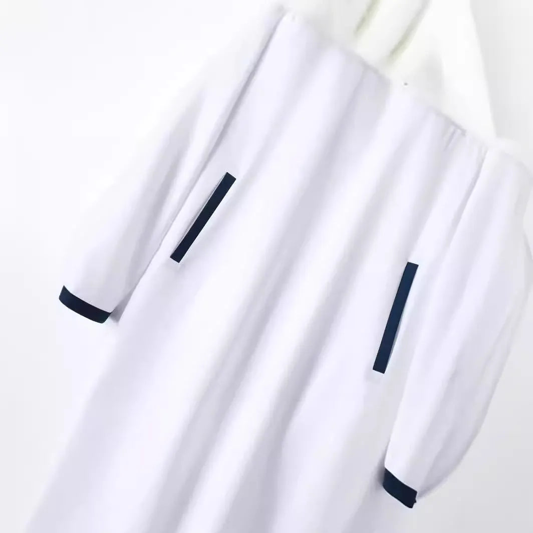 Boys fashion colour contrast striped button robe in black, white and khaki polyester