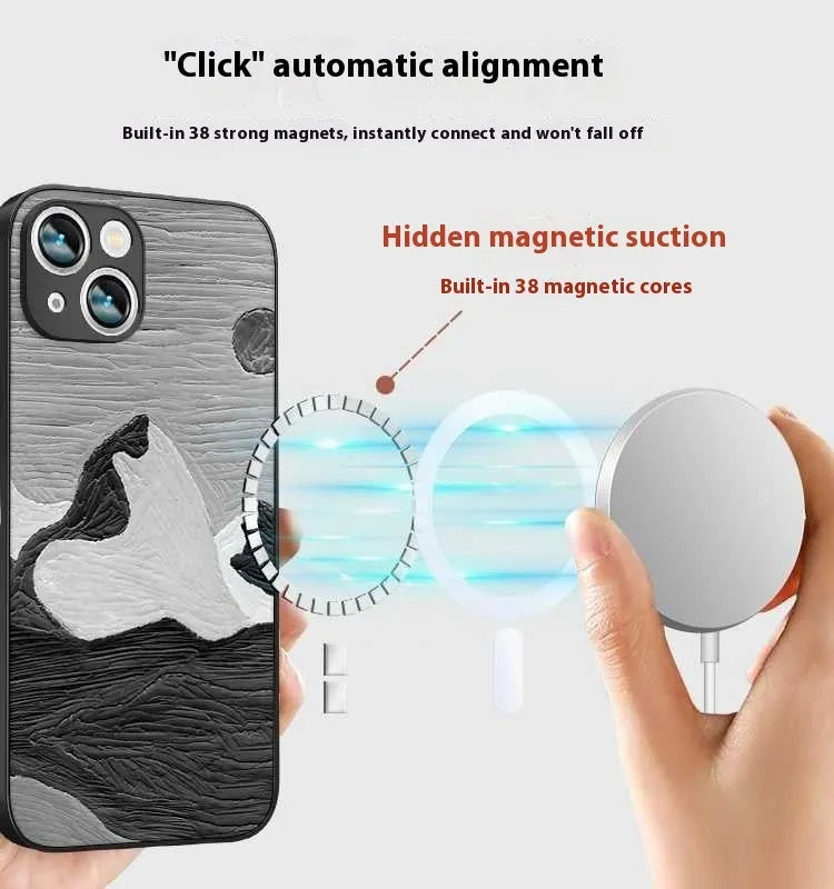 Black and White Mountains patterned silicone phone case with magnetic adsorption for Apple iPhone 11-16 series