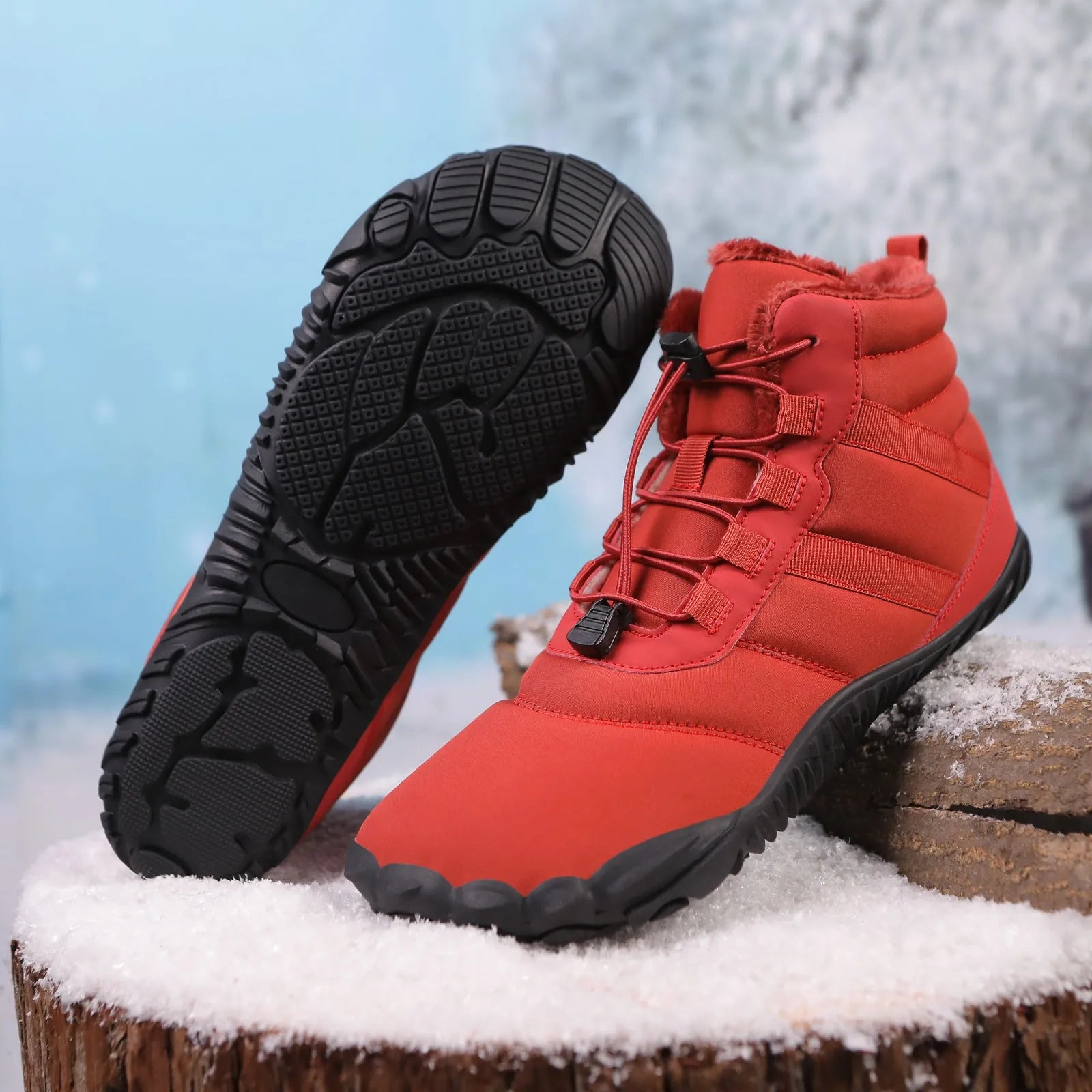 Five-finger waterproof hiking snow boots with fleece lining and rubber outsole in beige, grey, black, or wine red.