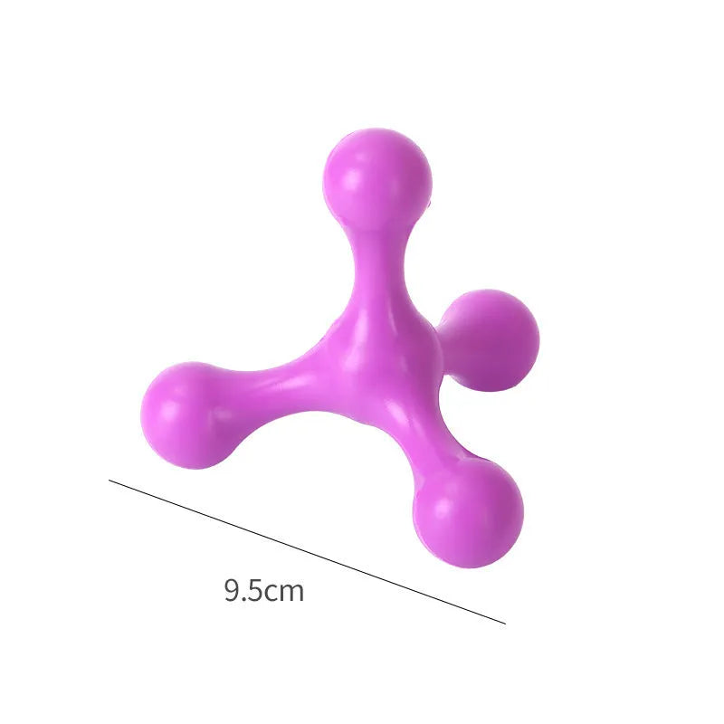 Blue silicone three-legged chew toy for puppies on a white background.