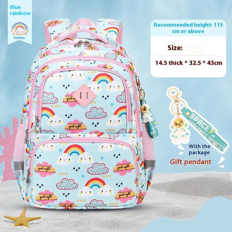 Blue children's Oxford cloth backpack with dinosaur print and curved shoulder straps.