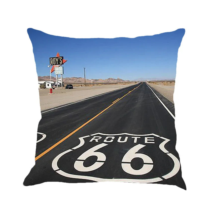 Route 66 landscape pattern linen cushion cover for 45cm square back pillow or car seat.