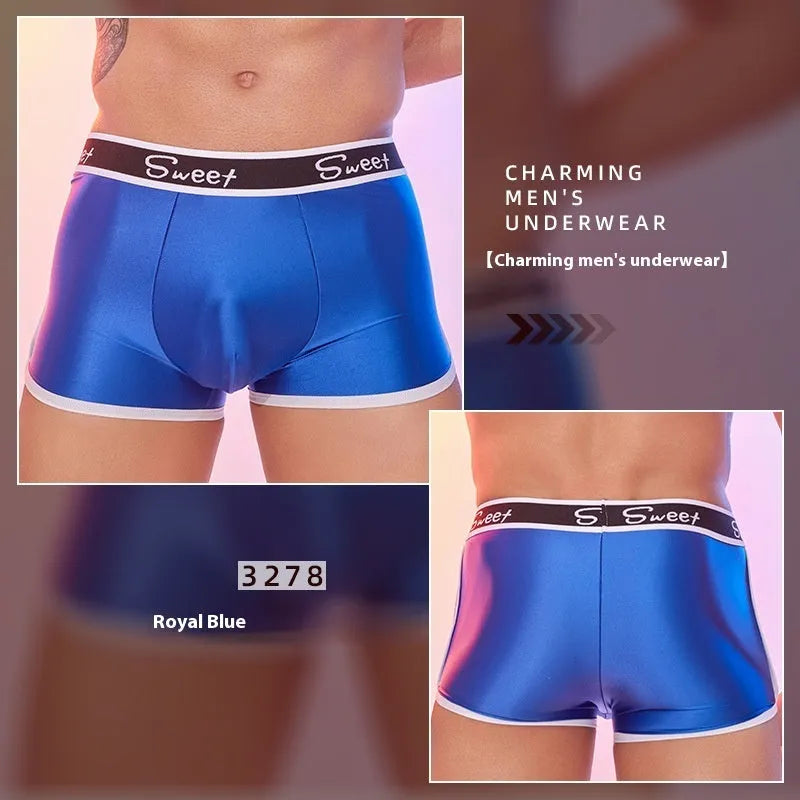 Men's shiny silky boxer shorts in black, white, and sapphire blue colours