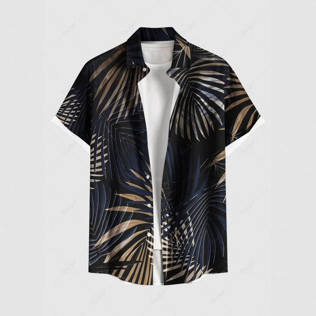 Men's striped summer shirt with stand collar and short sleeves in loose cardigan style