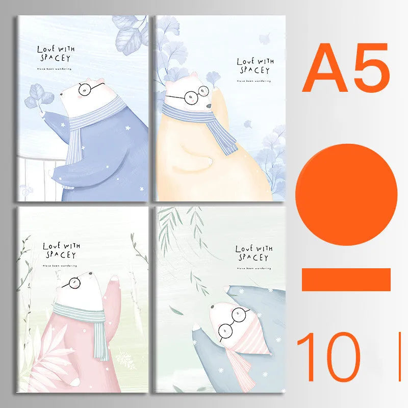 Pack of ten thread-bound A5 and B5 softcover notebooks showing multiple design styles including kraft paper and illustrated covers.