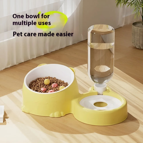 Automatic drinking pet basin with double stainless steel and ceramic bowls for cats.