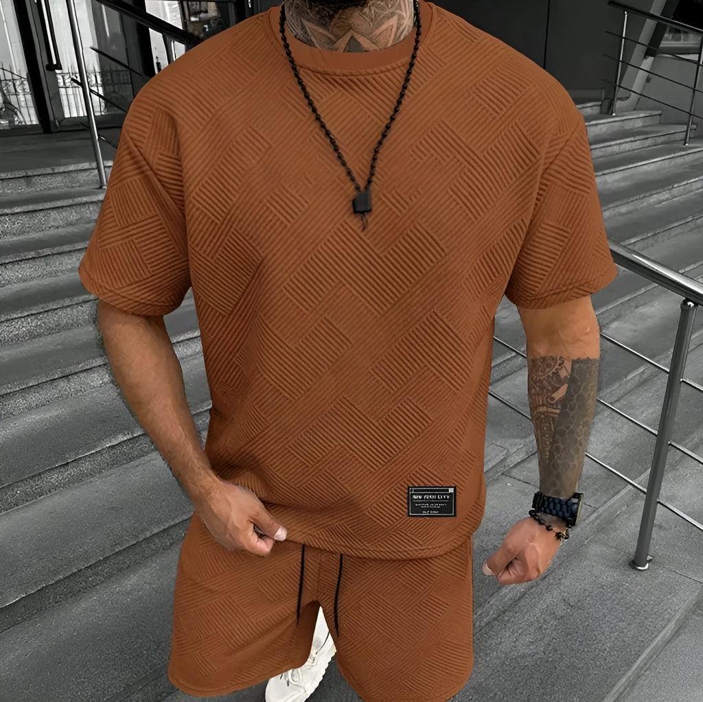 Men's two-piece shorts set with 3D printed design in chemical blend fabric