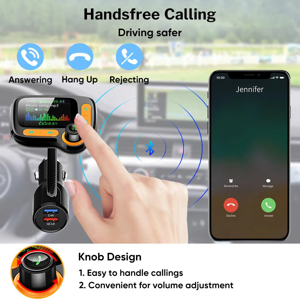 Car Bluetooth multi-function player with 1.77 inch OLED colour screen, QC 3.0 dual USB ports, and adjustable hose for cigarette lighter socket