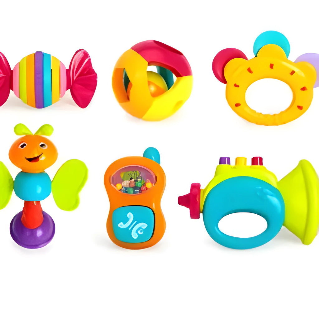 Ten baby rattles in various multicolour styles arranged on a white background, showing different colours and shapes for infant grasping