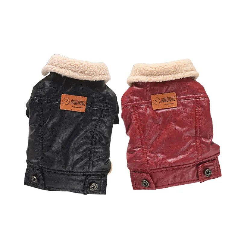 Red British-style PU leather pet coat with fleece lining for cats and dogs